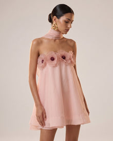 Poppy Embroidered Draped Halter Mini Dress -Blush Pink