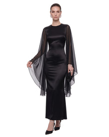 Open Back Butterfly Satin Maxi Dress - Black