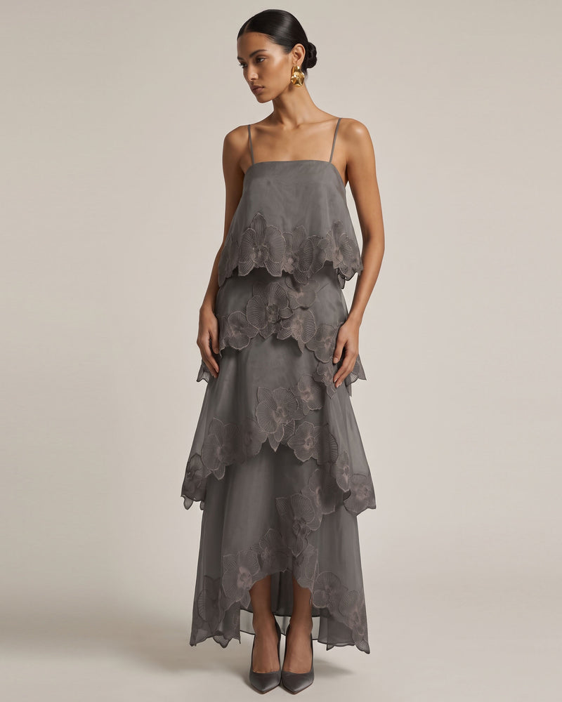 Orchid Embroidered Layered Maxi Dress - Grey