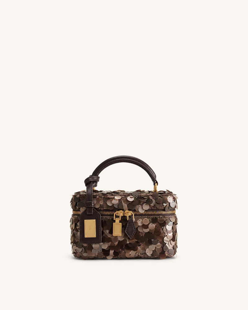Cleo Metallic Sequin Box Shape Top Handle Bag - Brown
