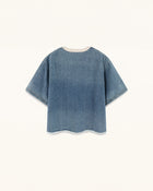 Contrast Rib Denim Cropped Rhinestone Rose Tee - Washed Blue