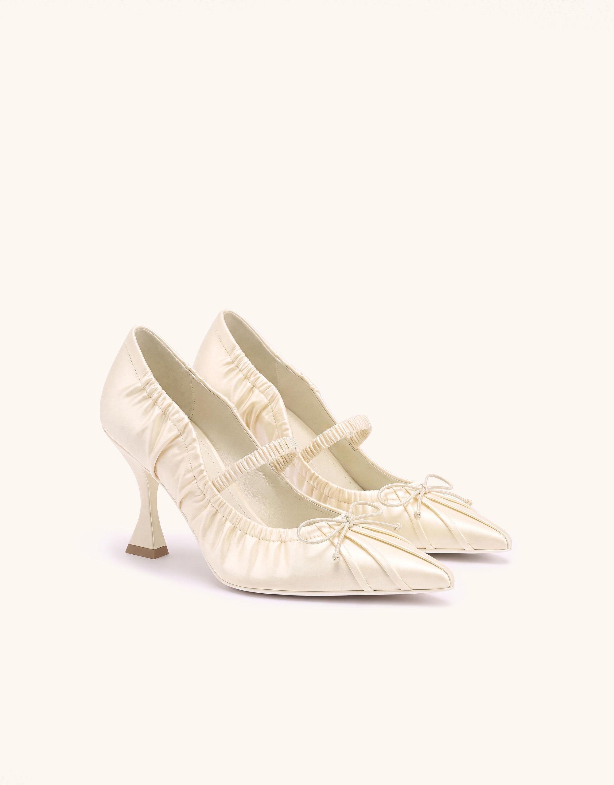 Solenne Satin Bow Ruched Mary Jane Pumps - Ivory
