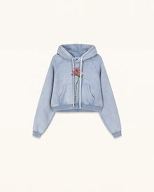Rhinestone Rose Acid Cropped Hoodie - Washed Sky