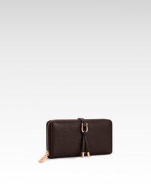 Aria Pebbled Buckle Tassel Zip Wallet – Dark Brown