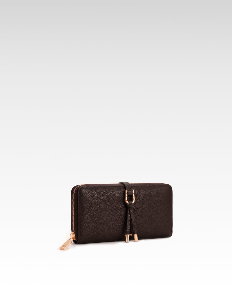 Aria Pebbled Buckle Tassel Zip Wallet – Dark Brown
