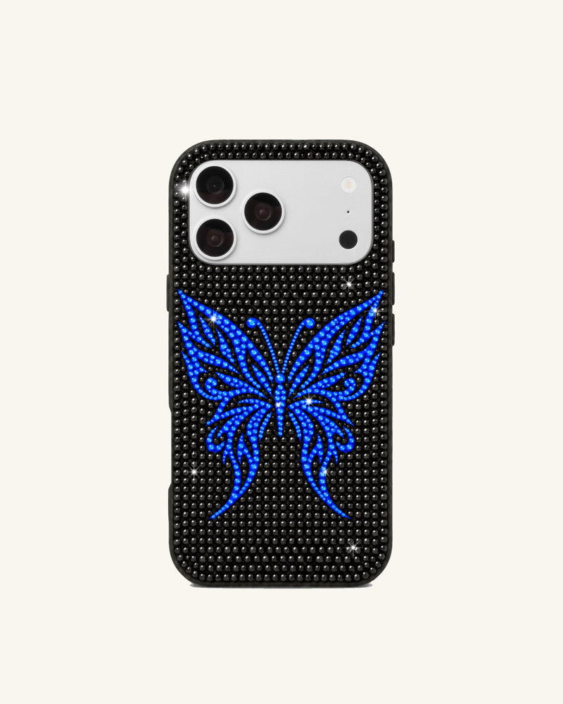 Blue Butterfly Artificial Crystal Phone Case – Black