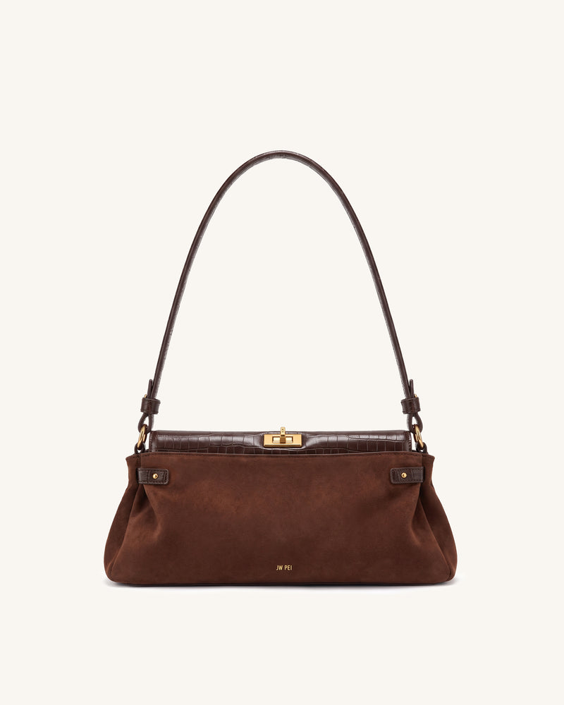 Saskia Faux Suede Croc-Trim Shoulder Bag – Dark Brown