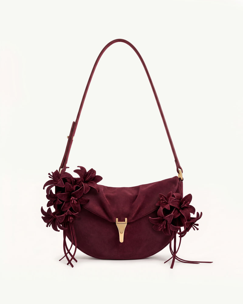 Zaria Lily Floral Faux Suede Shoulder Bag - Burgundy