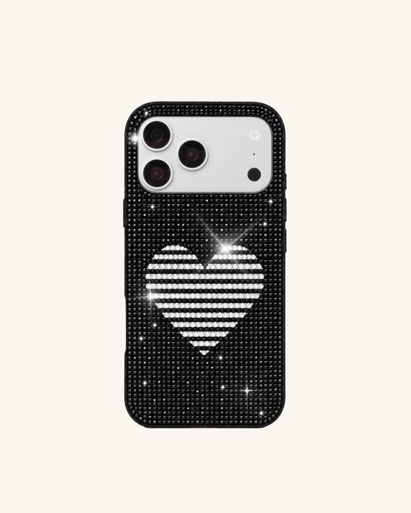 Striped Heart Artificial Crystal Phone Case – Black