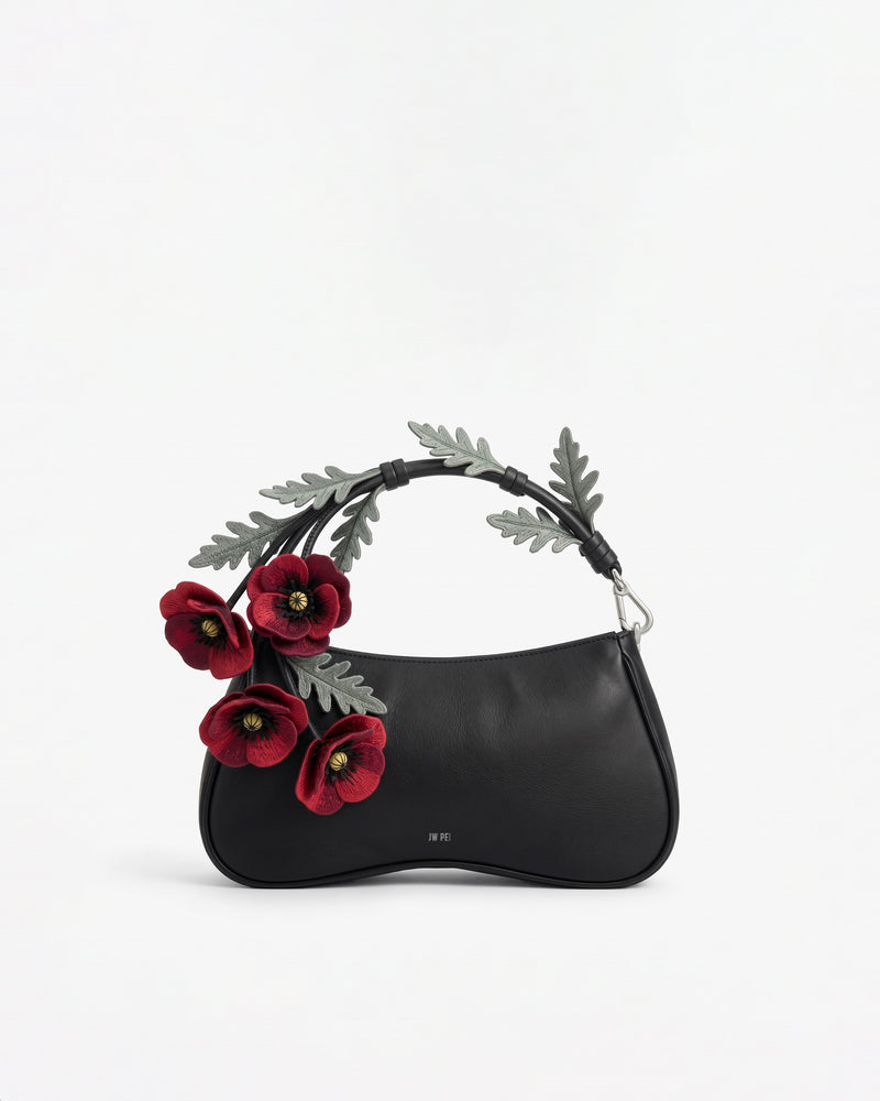 Eva Poppy 3D Floral Embroidery Top Handle Bag – Black
