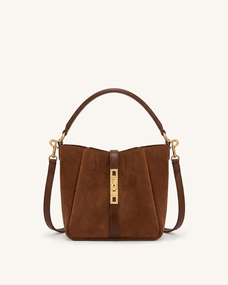 Amara Faux Suede Metal Clasp Bucket Bag - Brown