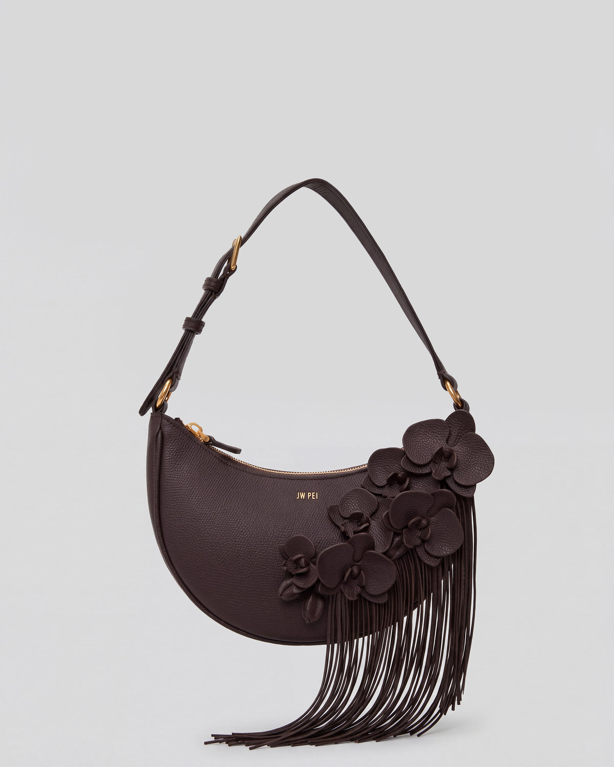 Orchid Floral Fringe Shoulder Bag - Dark Brown