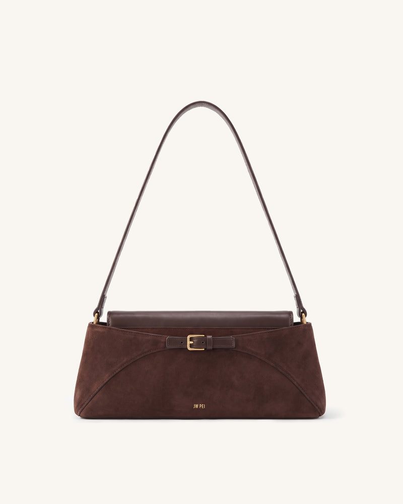 Nadia Faux Suede East-West Buckle Shoulder Bag – Dark Brown