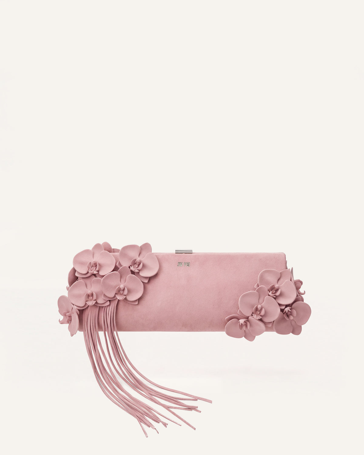 Orchid Floral Faux Suede Fringe Clutch - Blush