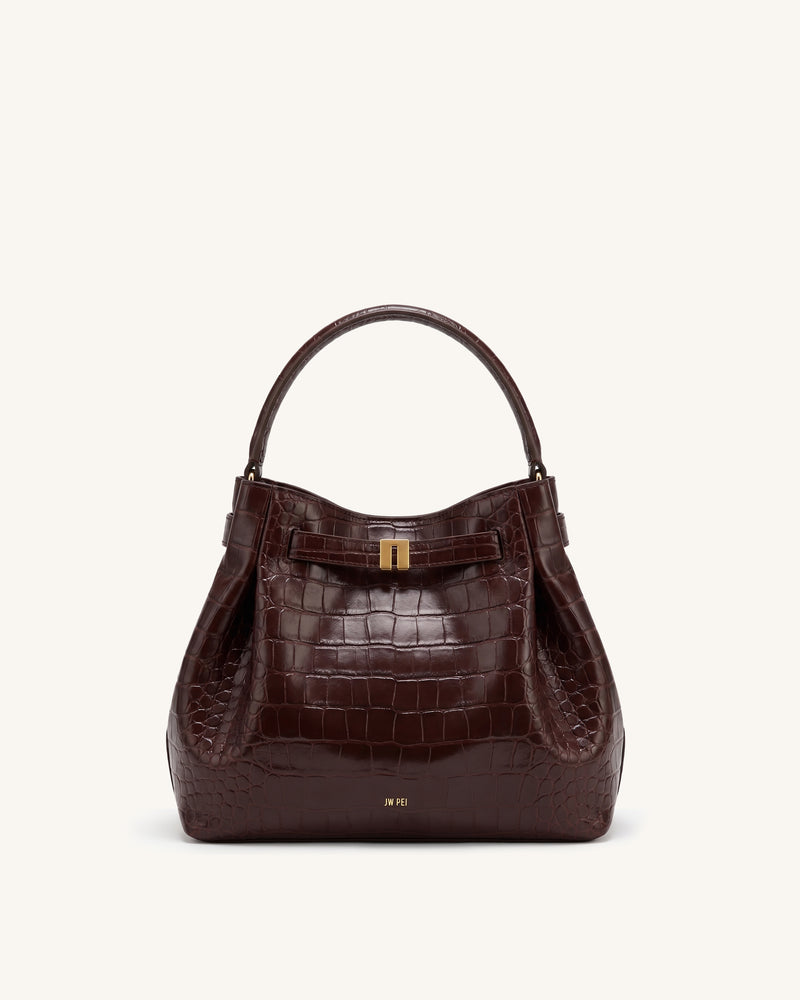 Hana Belted Hobo Bag - Dark Brown Croc