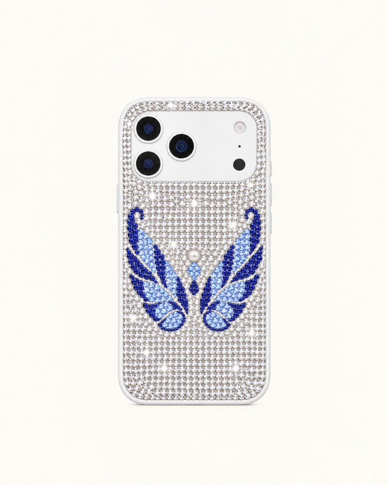 Blue Rhinestone Angel Wings Phone Case – White