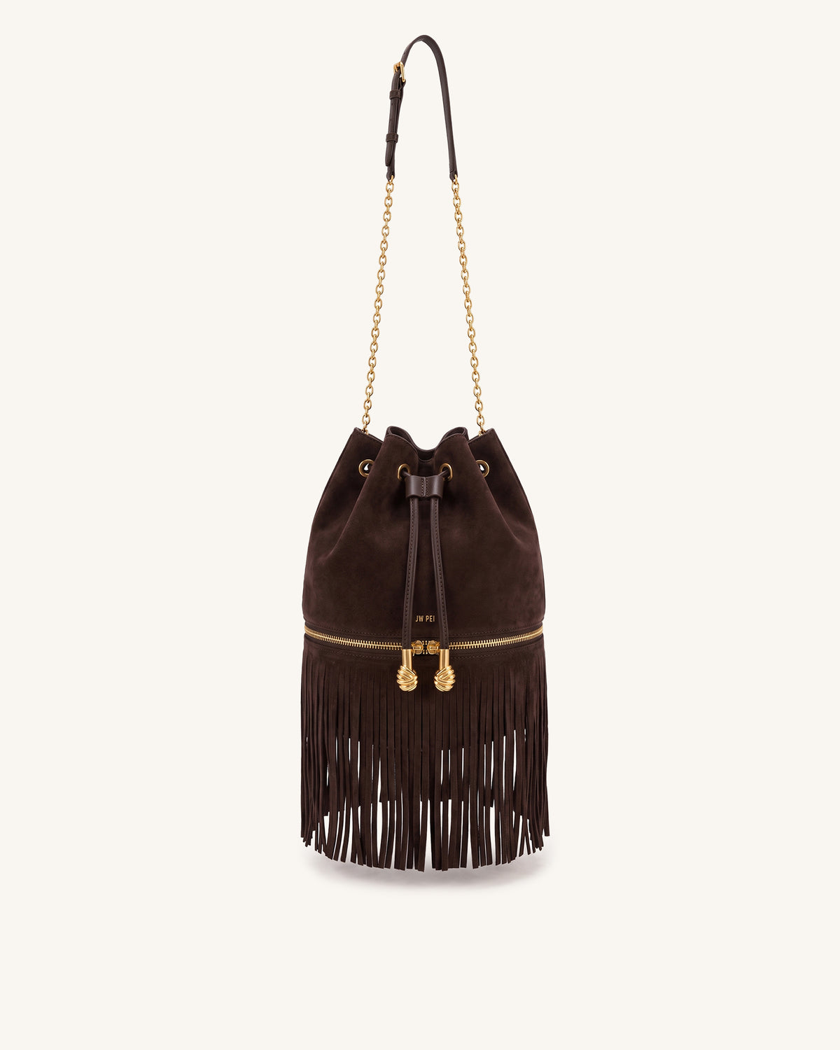 Lena Faux Suede Fringe Drawstring Bucket Bag – Dark Brown