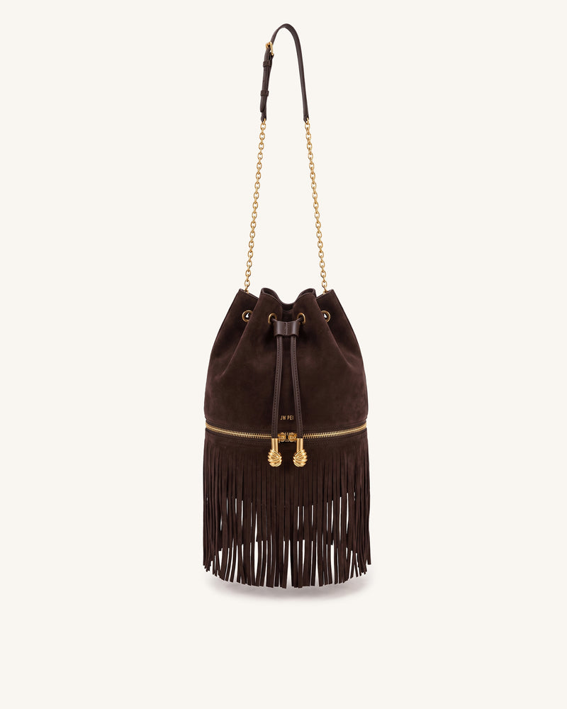 Lena Faux Suede Fringe Drawstring Bucket Bag – Dark Brown