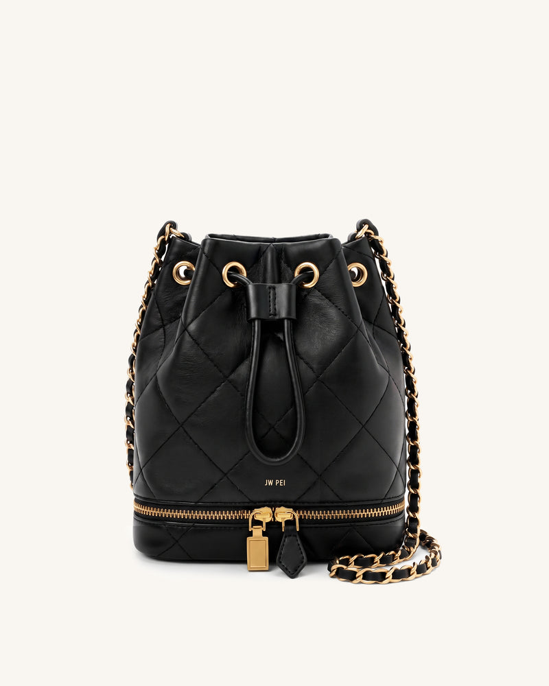 Cleo Quilted Drawstring Bucket Bag - Black