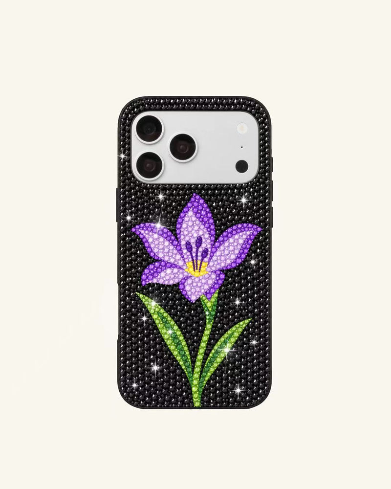 Purple Flower Artificial Crystal Phone Case – Black