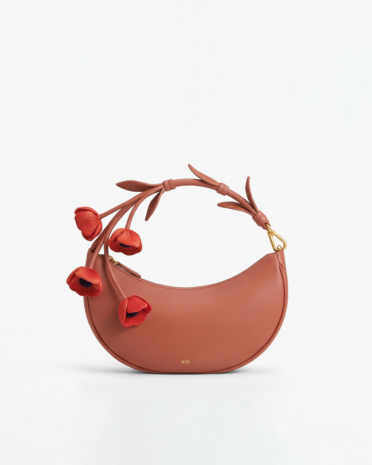Carly Poppy3D Embroidered Floral Crescent Bag - Terracotta