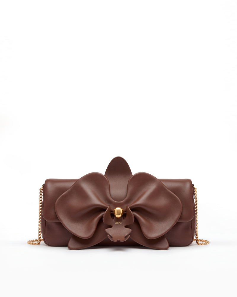 Orchid Floral Chain Crossbody Bag - Brown