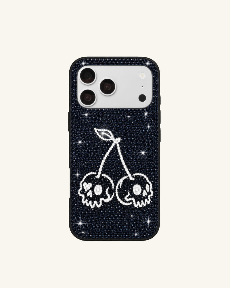 Skull Cherry Artificial Crystal Phone Case – Black