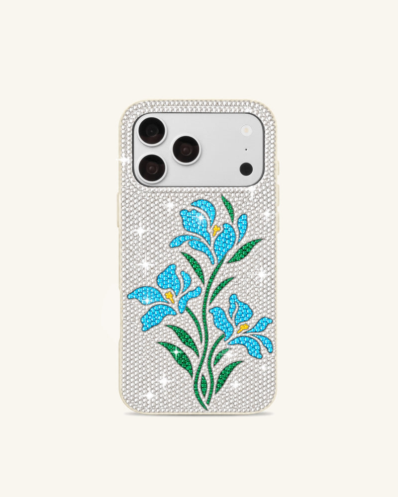 Blue Flower Artificial Crystal Phone Case – White