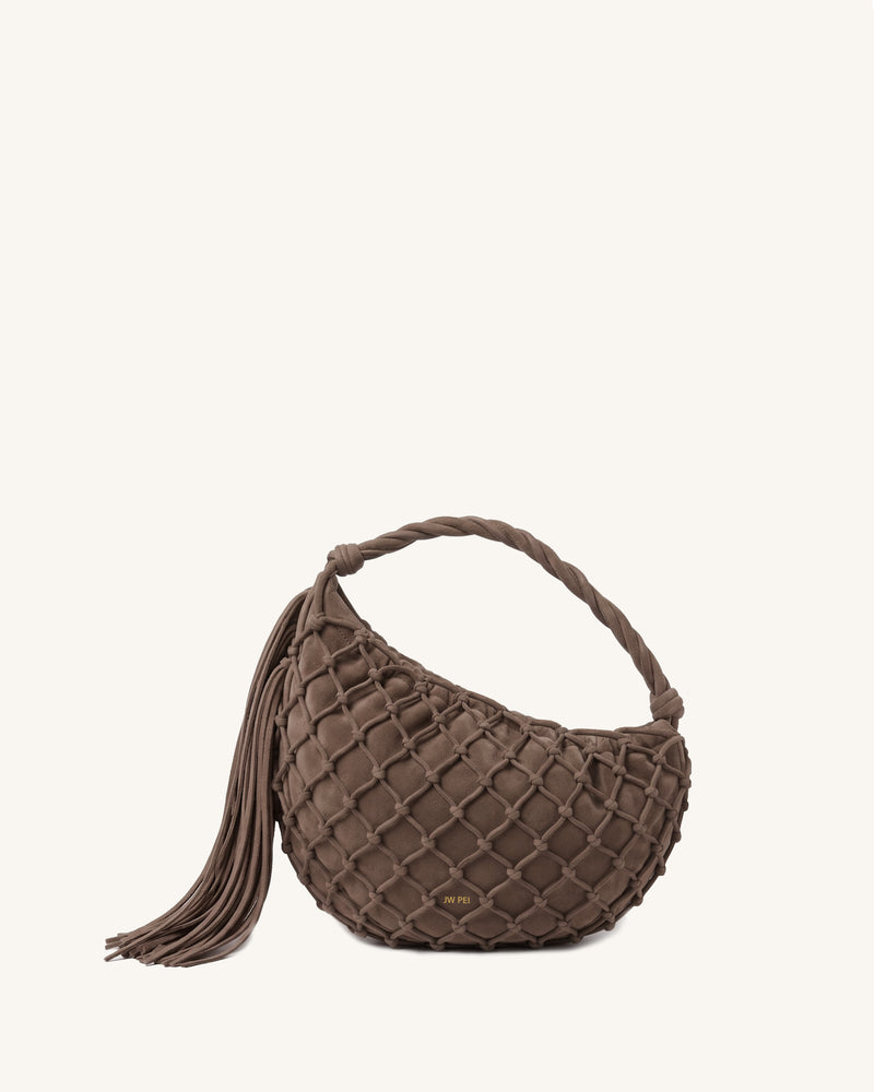 Maddy Knotted Cord Fringe Crescent Bag – Taupe