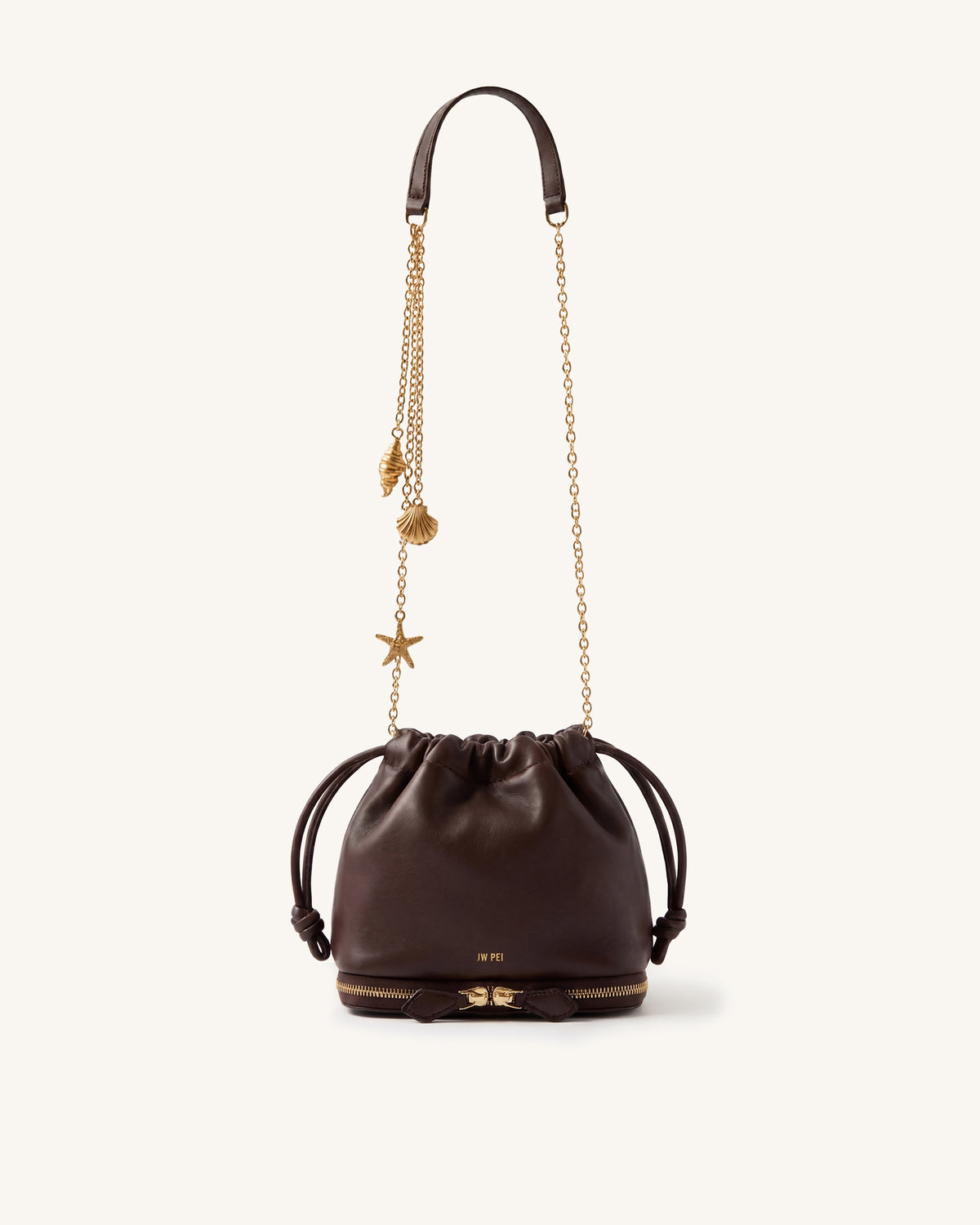 Chloe Drawstring Bucket Bag with Seashell Starfish Charms – Dark Brown