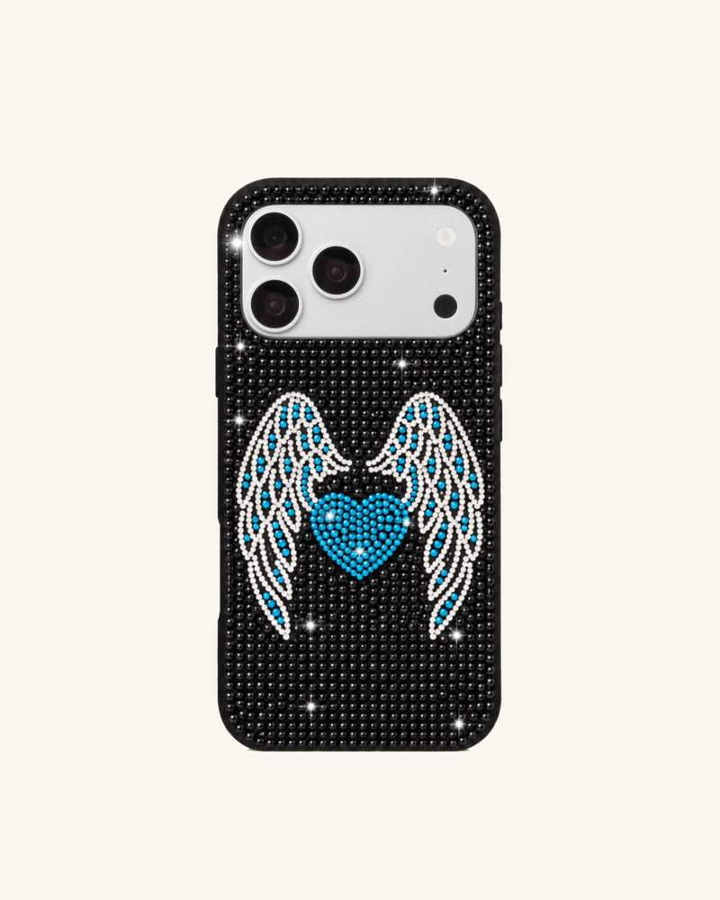 Blue Crystal Wing Heart Phone Case – Black