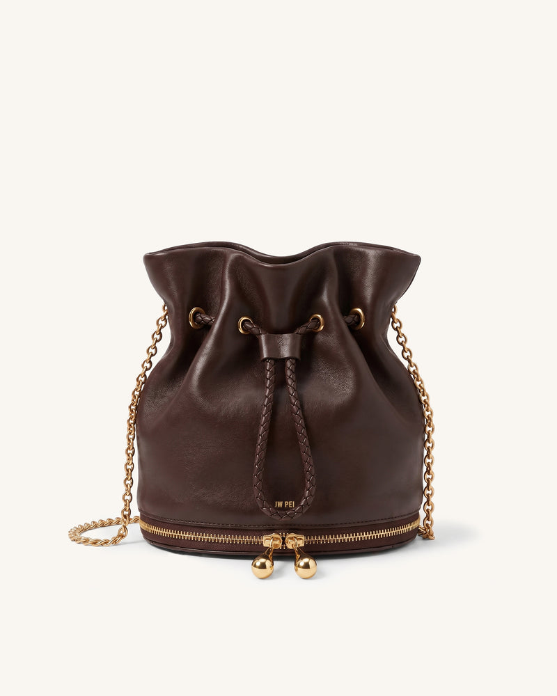 Nerina Drawstring Chain Bucket Bag – Dark Brown