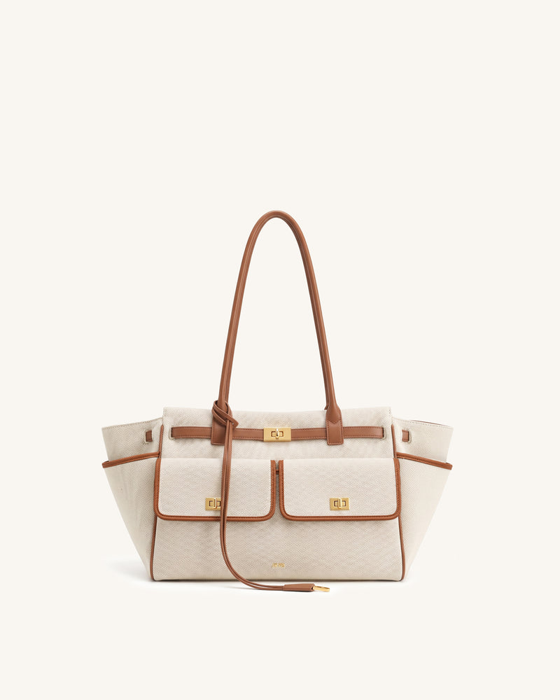 Avery Canvas Double Pocket Buckle Tote Bag – Ivory & Brown