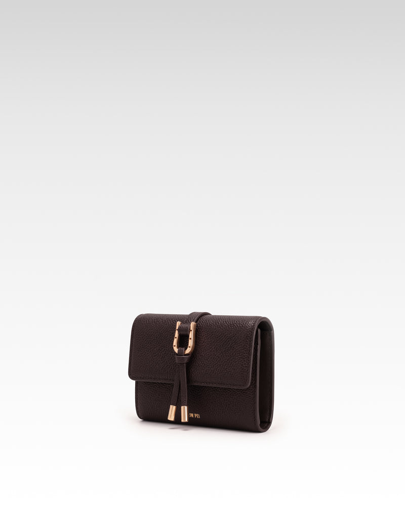 Aria Pebbled Buckle Bifold Wallet – Dark Brown