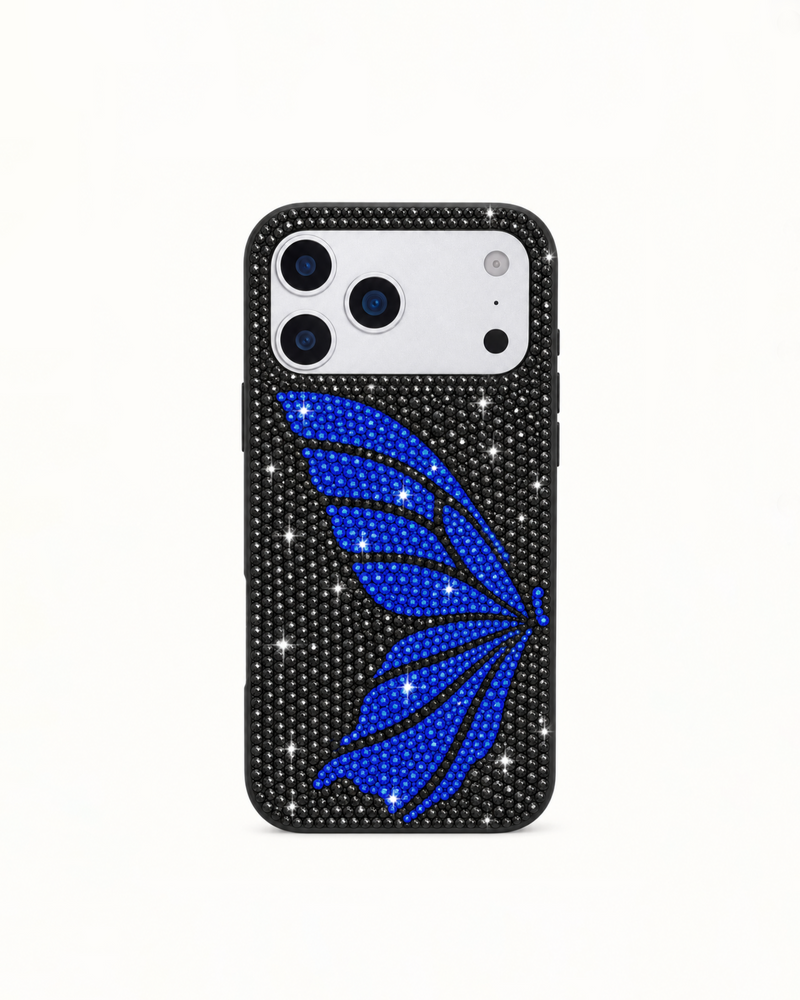 Blue Butterfly Artificial Crystal Phone Case – Black