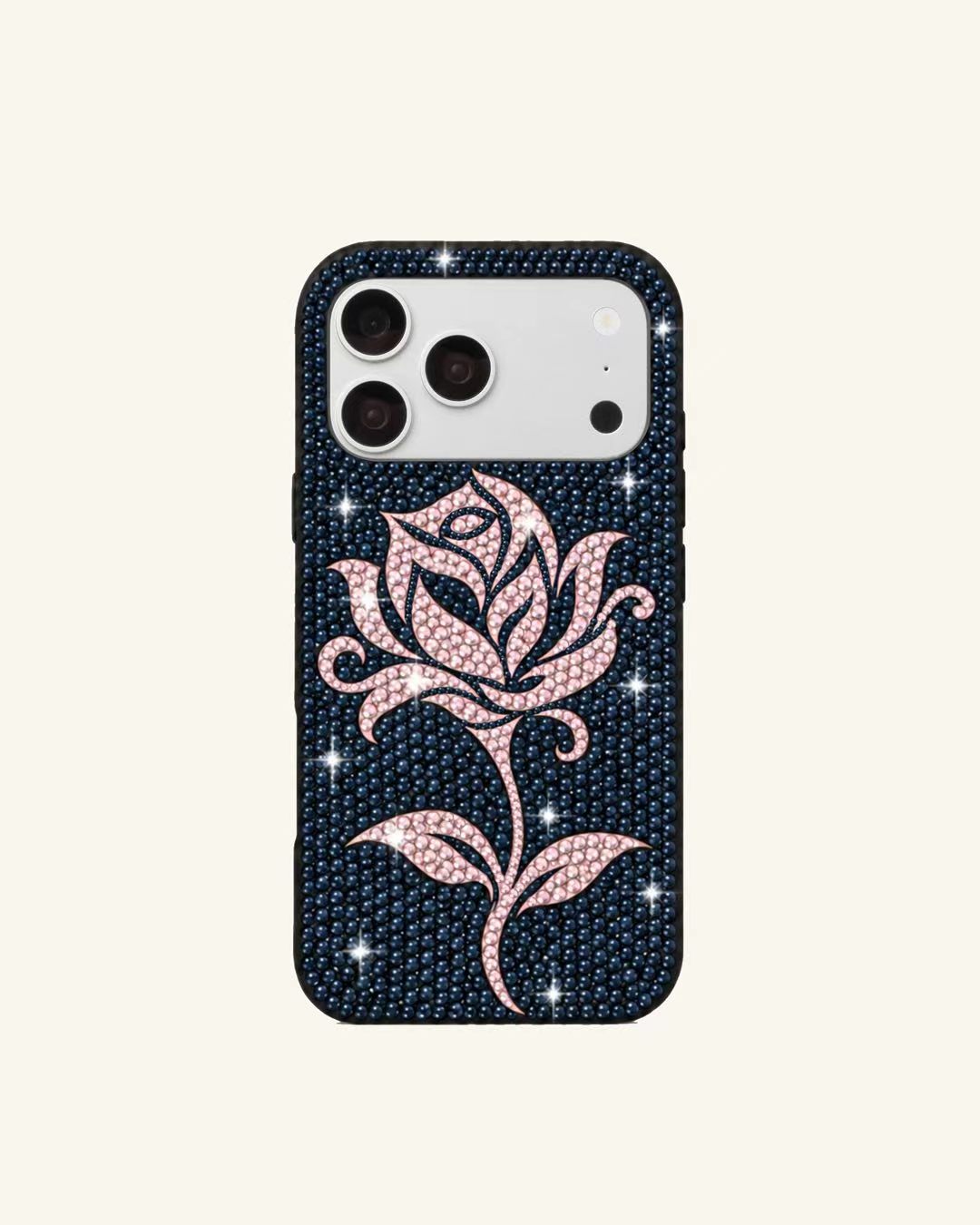Pink Rose Artificial Crystal Phone Case – Black