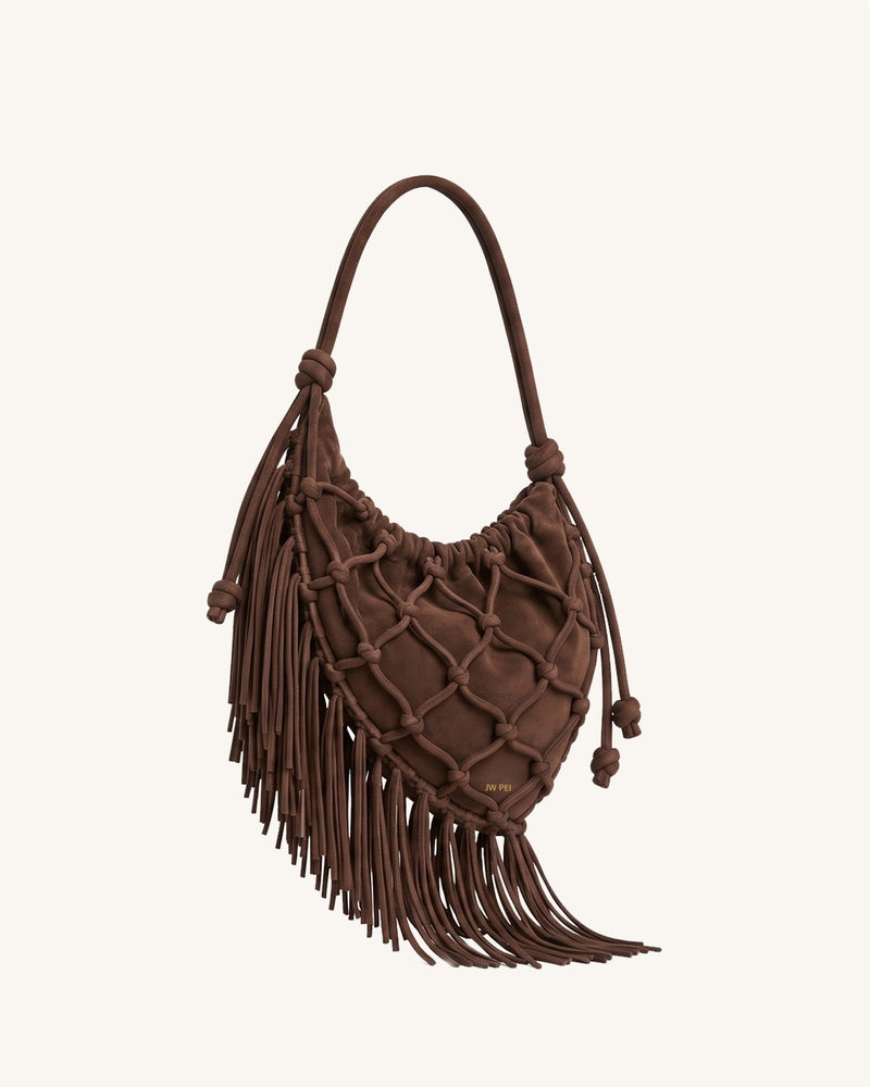 Maddy Faux Suede Knotted Woven Fringe Shoulder Bag - Brown
