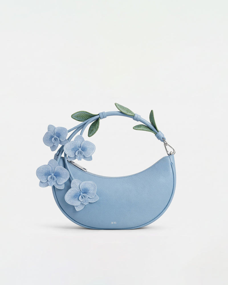 Carly Orchid 3D Embroidered Floral Crescent Top Handle - Light Blue