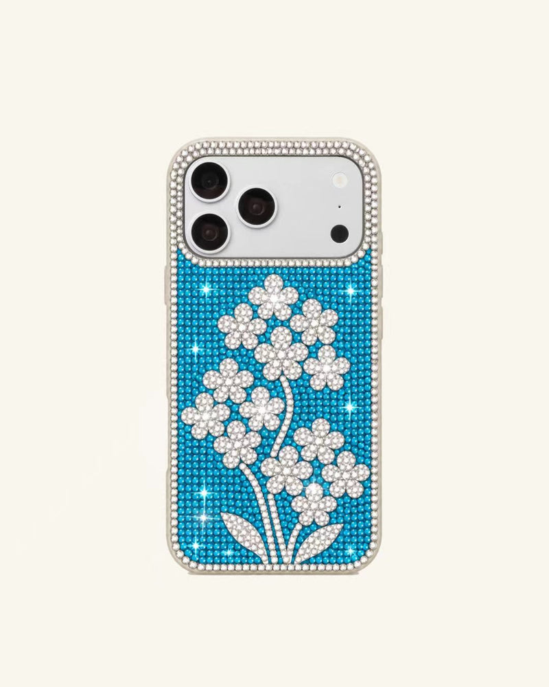 Artificial Crystal Flower Design Phone Case – Blue