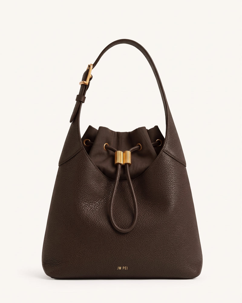 Celia Pebbled Drawstring Bucket Bag - Dark Brown