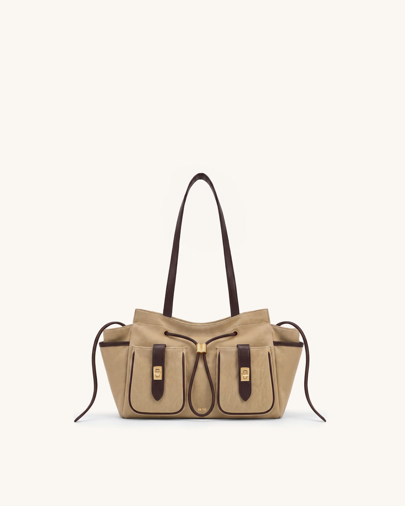 Avery Canvas Double Pocket Drawstring Tote Bag – Khaki