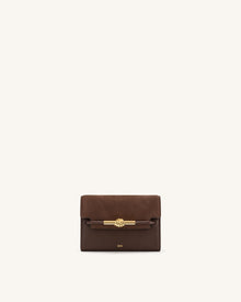 Lena Metal Rope Knot Faux Suede Flap Wallet - Brown