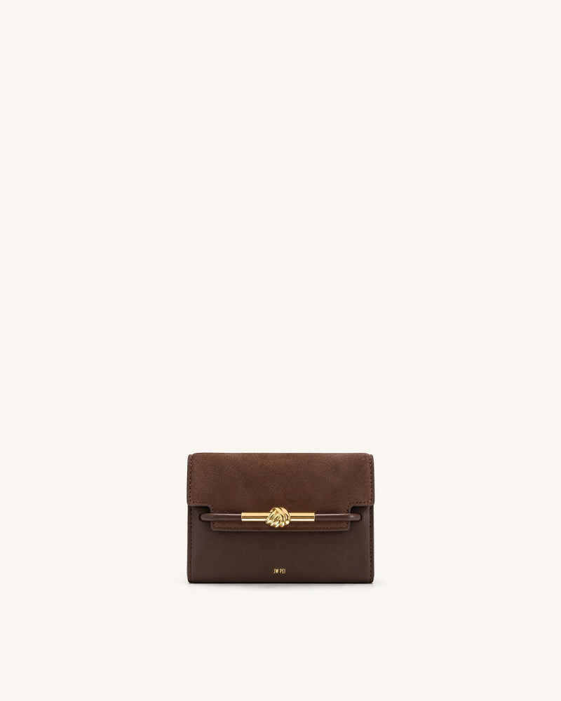 Lena Metal Rope Knot Faux Suede Flap Wallet - Brown