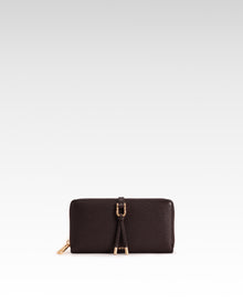 Aria Pebbled Buckle Tassel Zip Wallet – Dark Brown