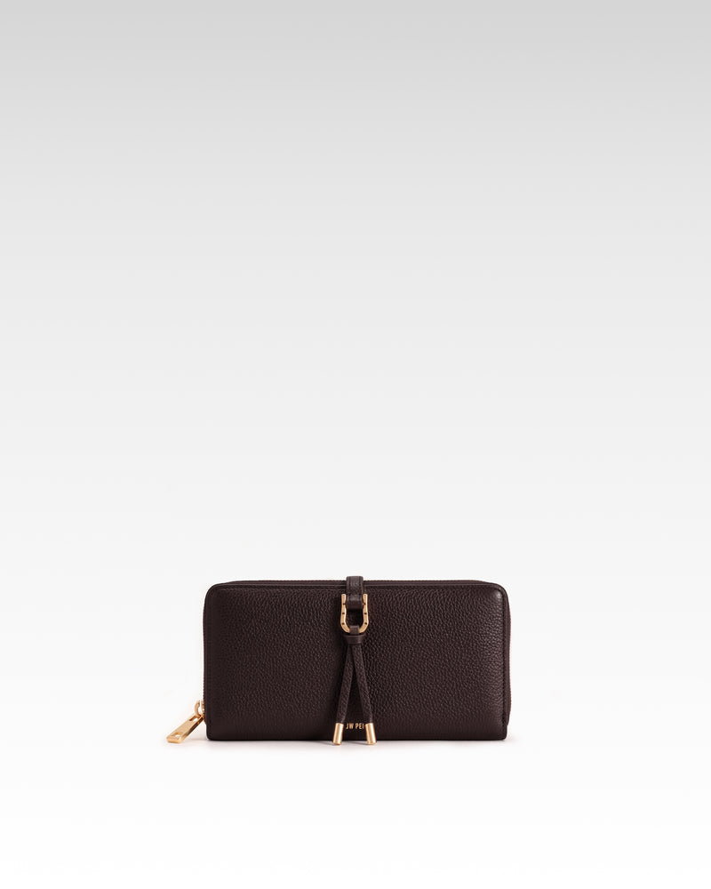 Aria Pebbled Buckle Tassel Zip Wallet – Dark Brown