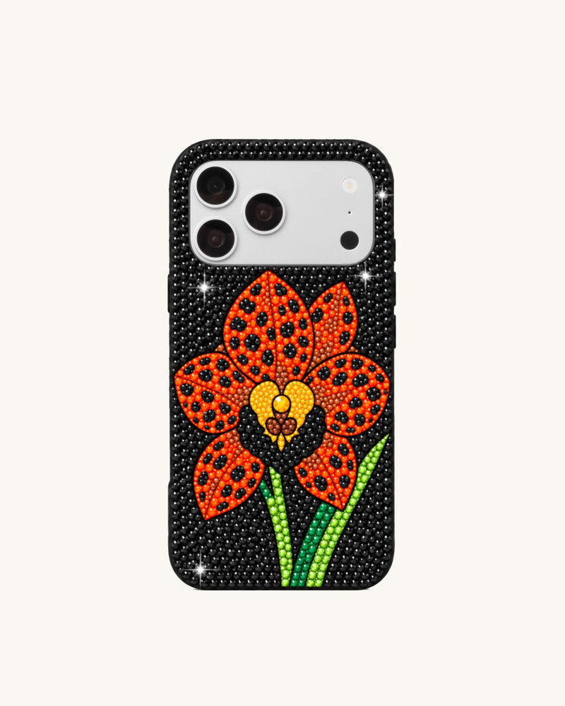 Orange Floral Artificial Crystal Phone Case – Black