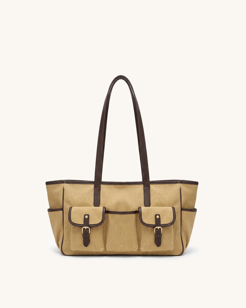 Harper Canvas Double Pocket Buckle Tote Bag – Khaki