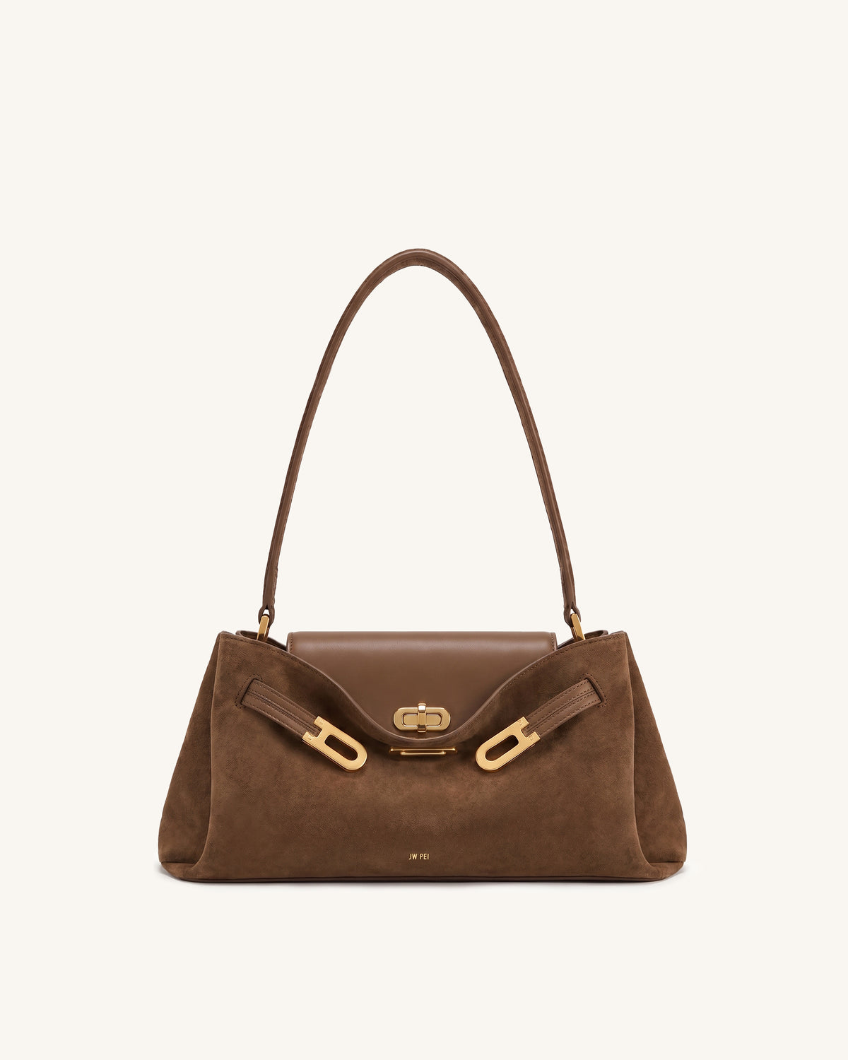 Rhea Faux Suede East-West Double Buckle Shoulder Bag – Brown