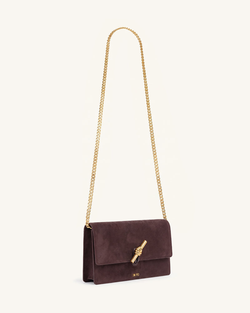 Lena Metal Rope Knot Faux Suede Chain Crossbody Wallet - Brown