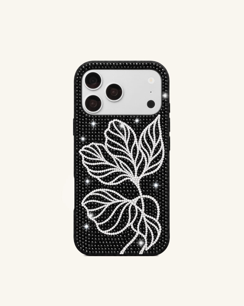 Rhinestone Leaf Pattern Phone Case – Black
